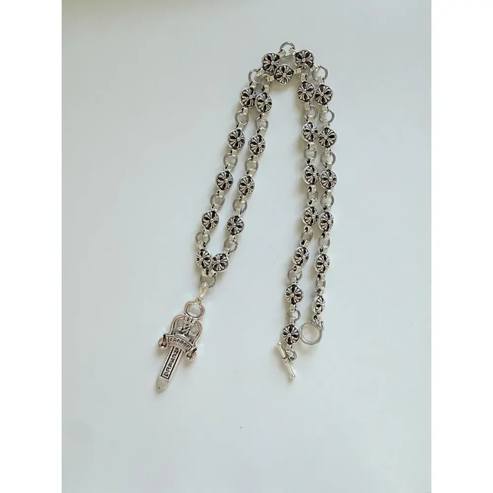 CH style chrome silver cross sword dagger necklace 60cm